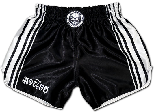 black boxing shorts for muay thai training with 8 white stripes