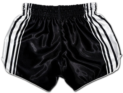 black boxing shorts with white stripes for muay thai training