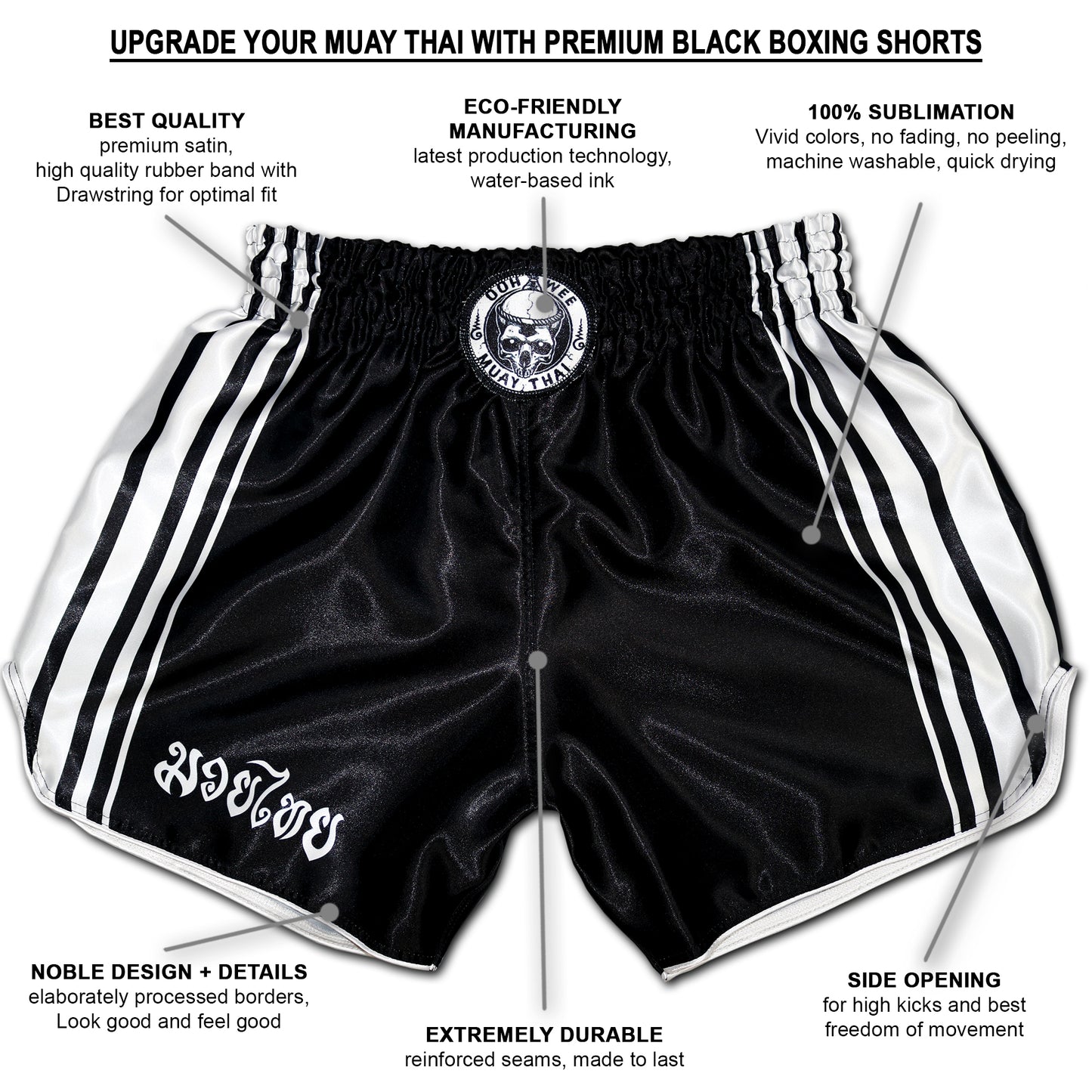 infographic of a black boxing shorts with white stripes for muay thai training