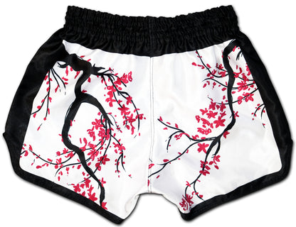 Cherry Blossom Samurai Muay Thai Shorts showcasing a detailed sakura tree design across the back, handcrafted in Thailand by our family business