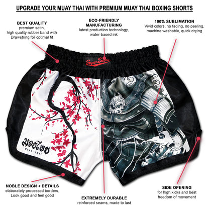 Cherry Blossom Samurai Muay Thai Shorts infographic highlighting premium satin quality, eco-friendly manufacturing, 100% sublimation, durable seams, and optimal side opening for freedom of movement, handcrafted in Thailand