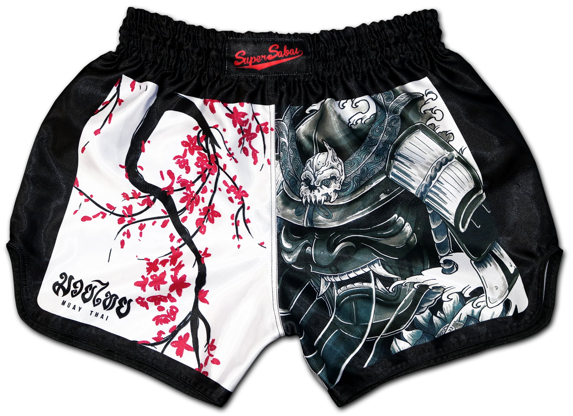 Cherry Blossom Samurai Muay Thai Shorts featuring a detailed sakura tree on one side and a fierce samurai armor design on the other, handcrafted in Thailand by our family business