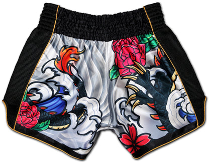 Back view of Irezumi Dragon Muay Thai Shorts showcasing intricate Japanese-inspired artwork with a dragon’s claw, red and pink flowers, and traditional waves on premium satin fabric. The design features black mesh side panels for breathability and durability, ideal for intense Muay Thai training and competition.