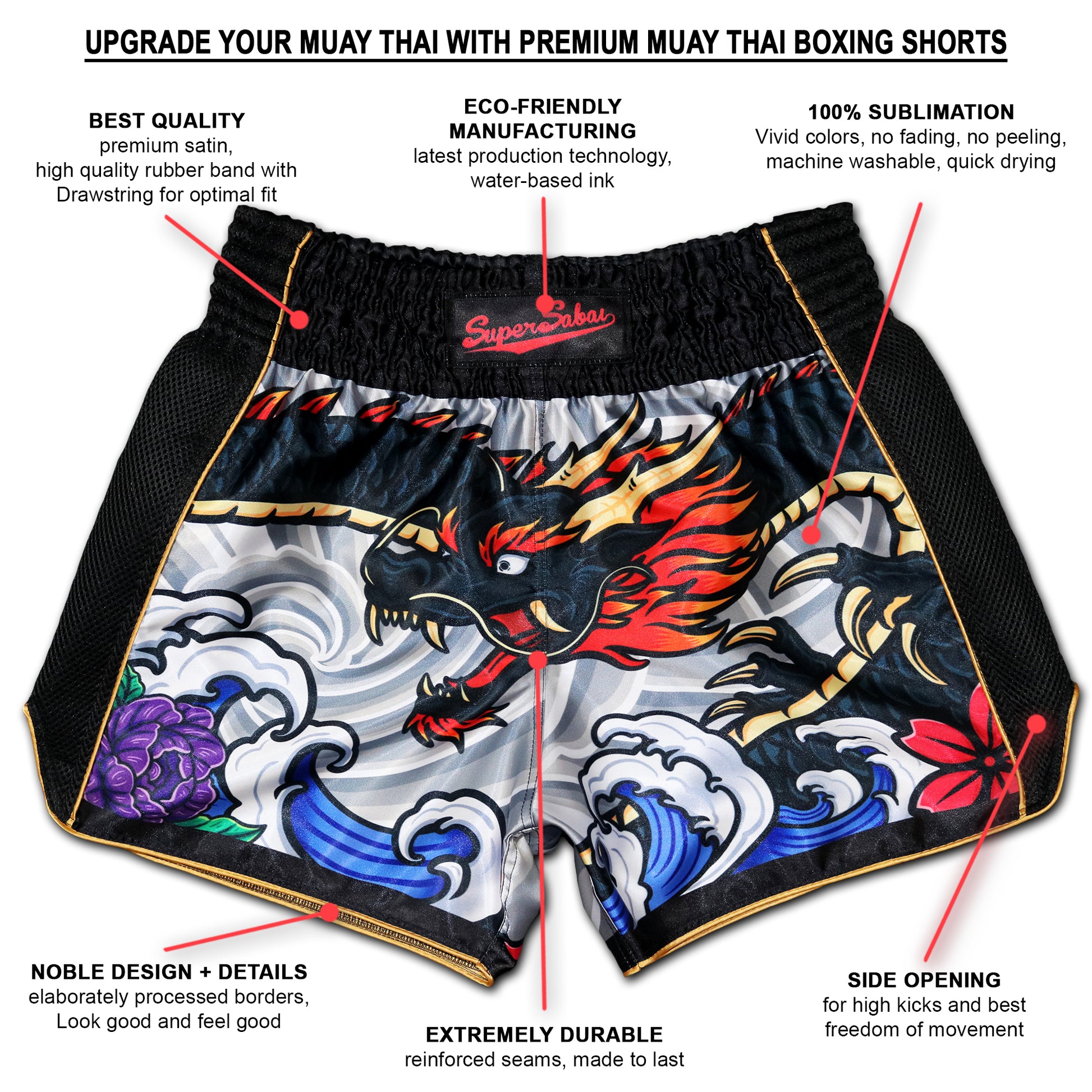 Irezumi Dragon Muay Thai Shorts with detailed annotations highlighting premium satin quality, eco-friendly manufacturing, 100% sublimation for vibrant colors, noble design with intricate details, extreme durability with reinforced seams, and side opening for enhanced mobility. Perfect for Muay Thai training and performance.