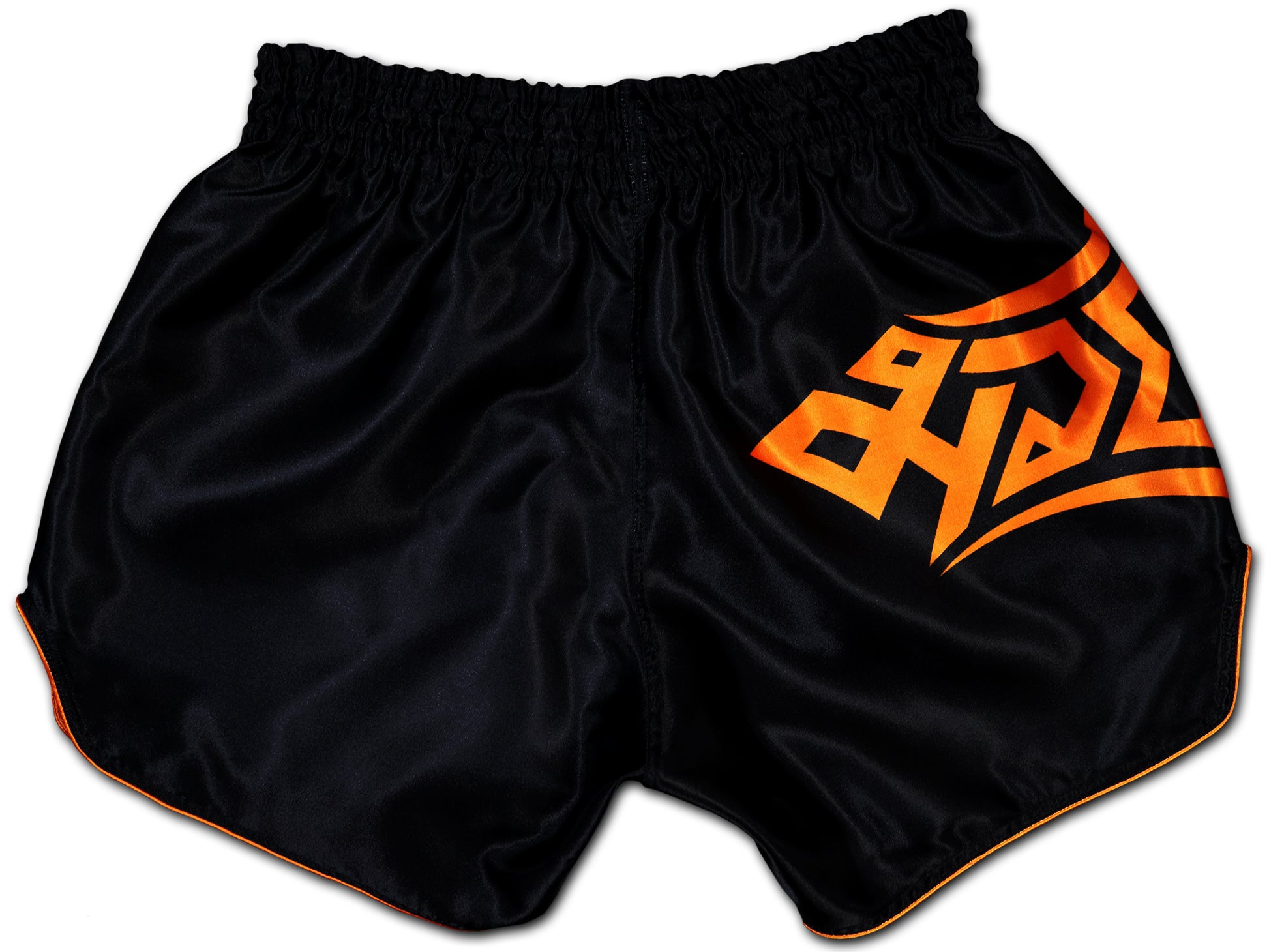 Back view of Black and Orange Samurai Muay Thai Boxing Shorts with Tribal Design