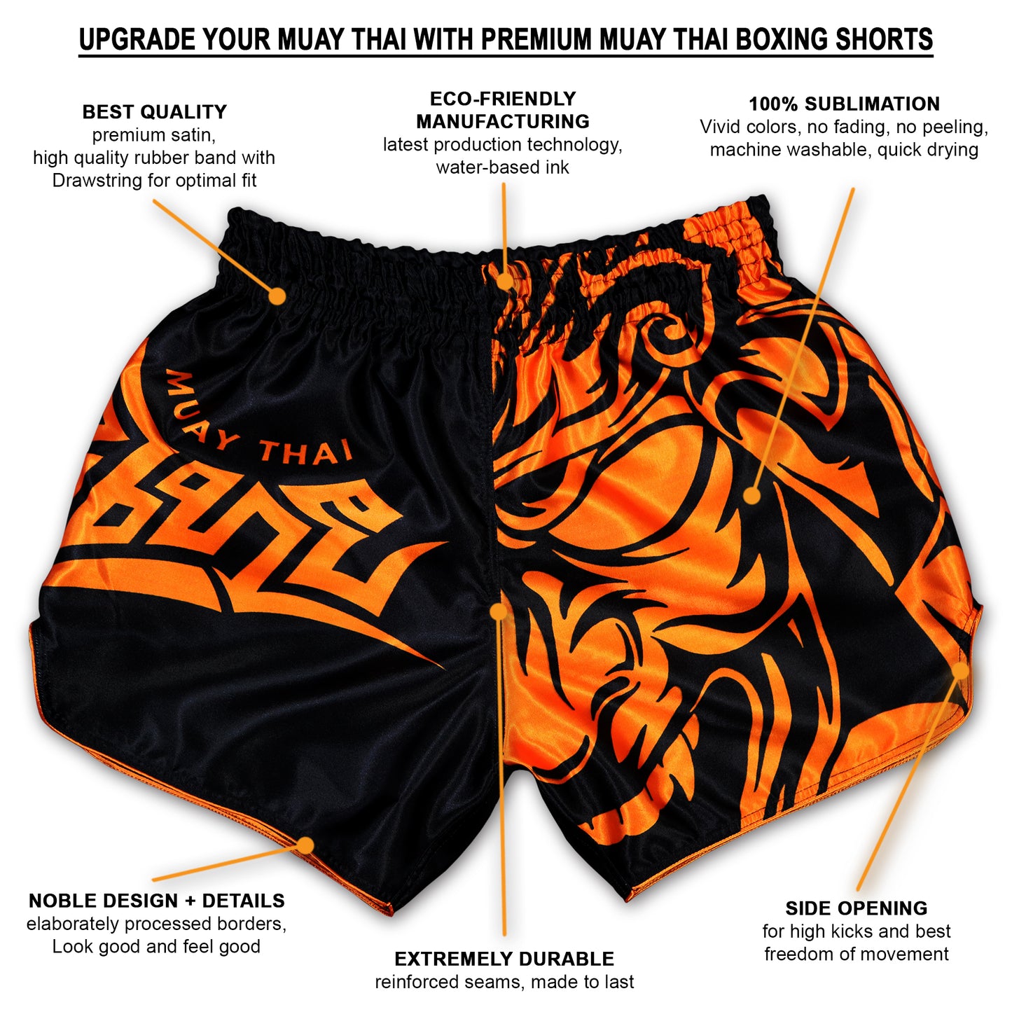 Infographic highlighting features of Black and Orange Samurai Muay Thai Boxing Shorts: Best quality premium satin, eco-friendly manufacturing with water-based ink, 100% sublimation with vivid colors, noble design and details, extremely durable with reinforced seams, side opening for high kicks