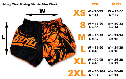 size chart of a black and orange muay thai boxing shorts showing measurements in cm and inch