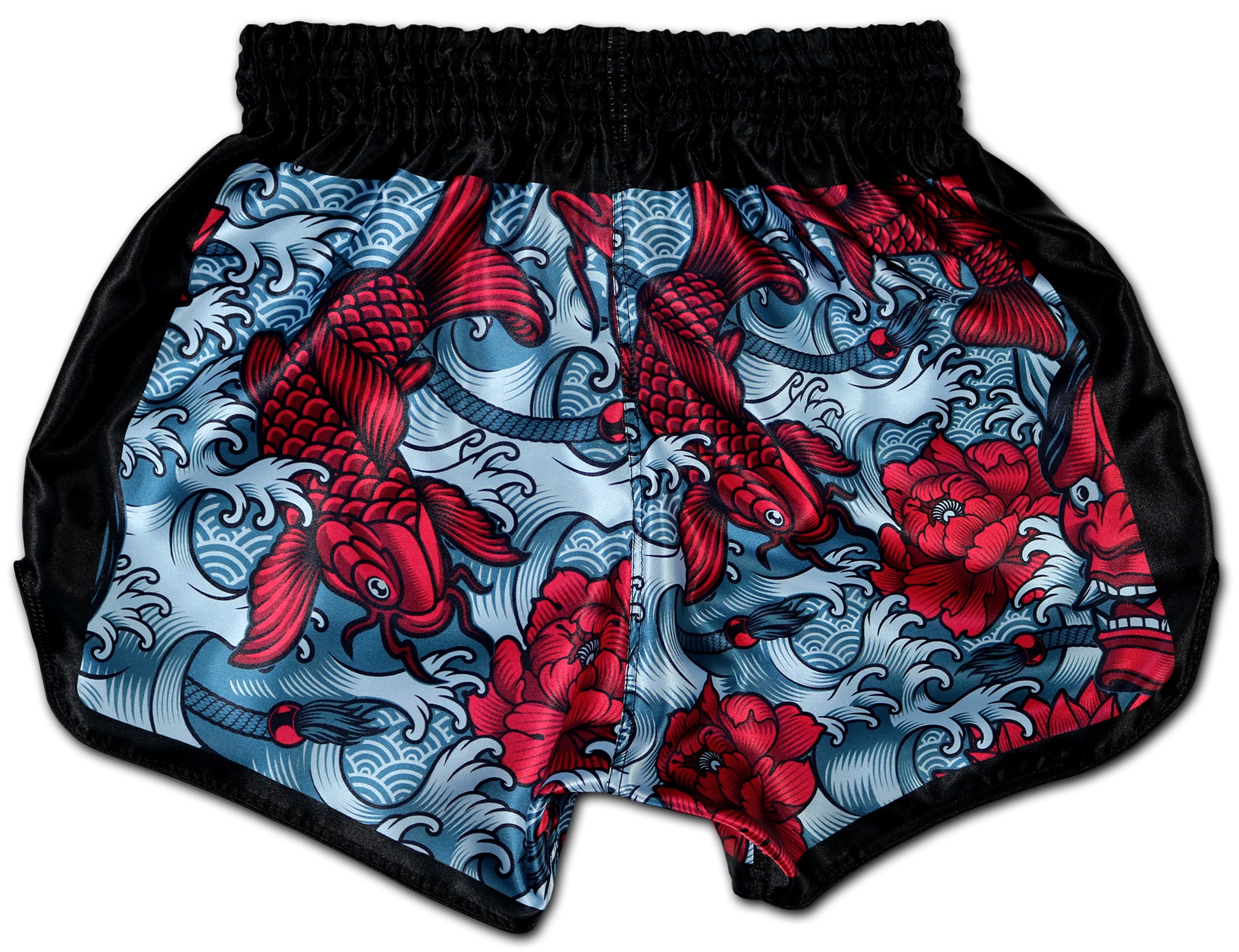 Back view of Devil's Koi Muay Thai Boxing Shorts featuring red koi fish and floral design, hand-made in Thailand. Premium satin material, reinforced seams, suitable for men and women.