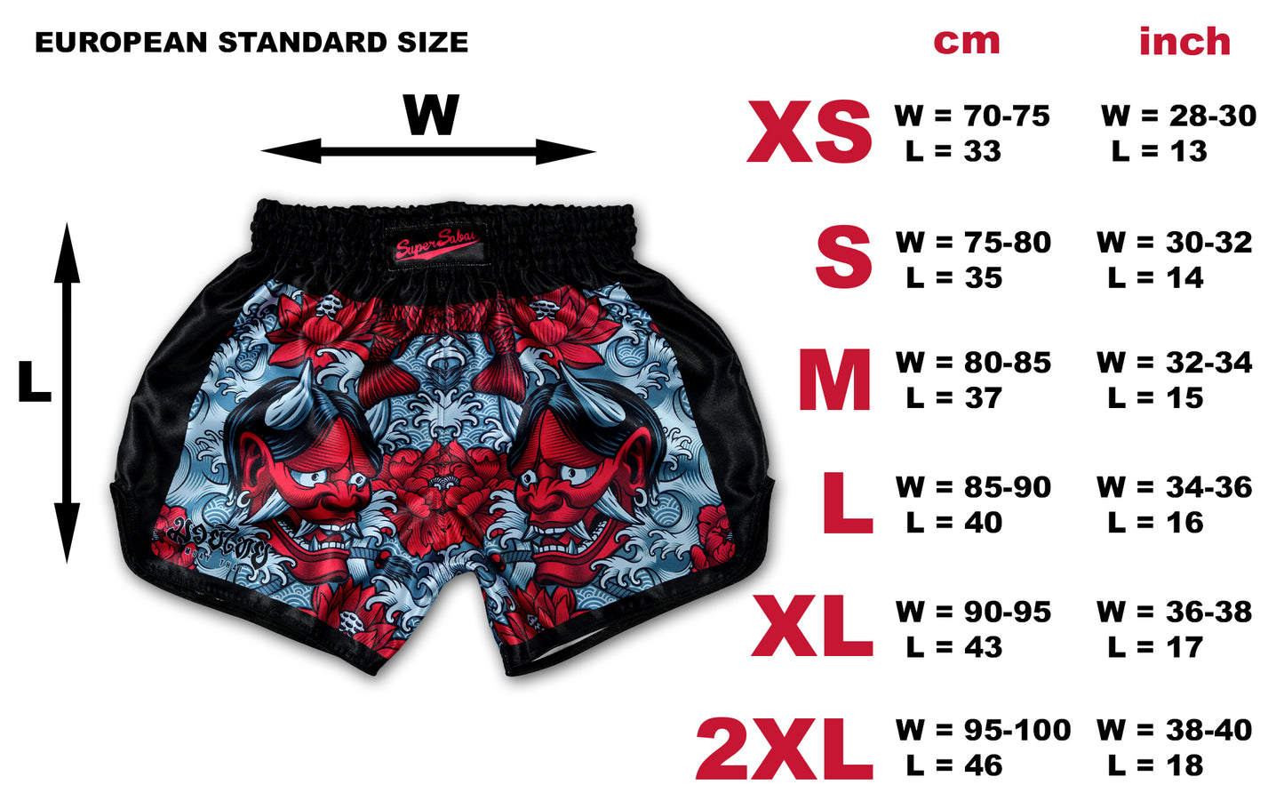 Size chart for Devil's Koi Muay Thai Boxing Shorts, showing European standard sizes XS to 2XL in both centimeters and inches. Shorts feature a red Oni demon mask and koi fish design.