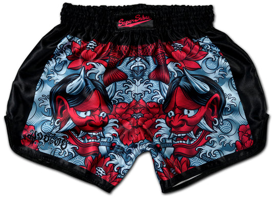 Devil's Koi Muay Thai Boxing Shorts with a red Oni demon mask and koi fish design, hand-made in Thailand. Premium satin material, reinforced seams, suitable for men and women.