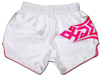 Backside of a white Muay Thai boxing shorts with a pink Samurai and Tribal design