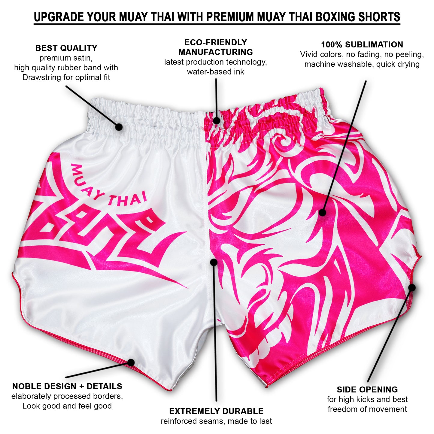 info grafik of a white muay thai shorts with pink samurai design featuring highlights like eco-friendly production, 100% sublimation and extreme durability