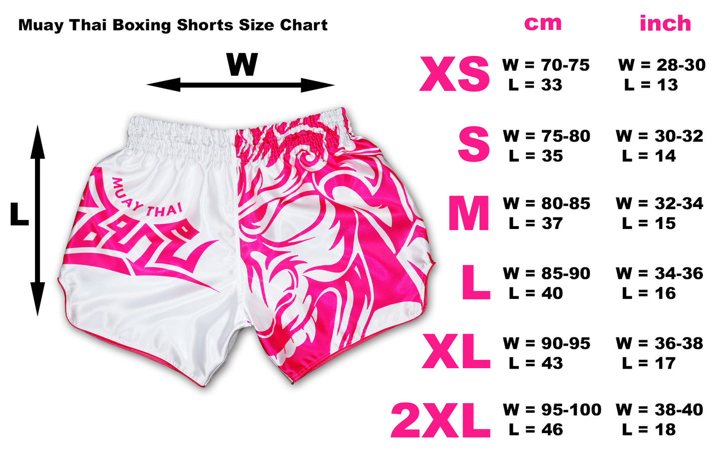 size chart of a white muay thai boxing shorts with length and width  measurements information in cm and inch