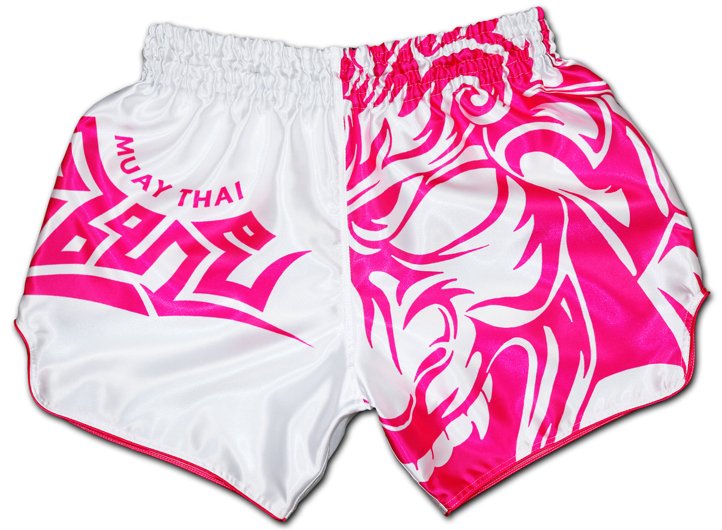 White Muay Thai shorts with pink Samurai and Tribal design