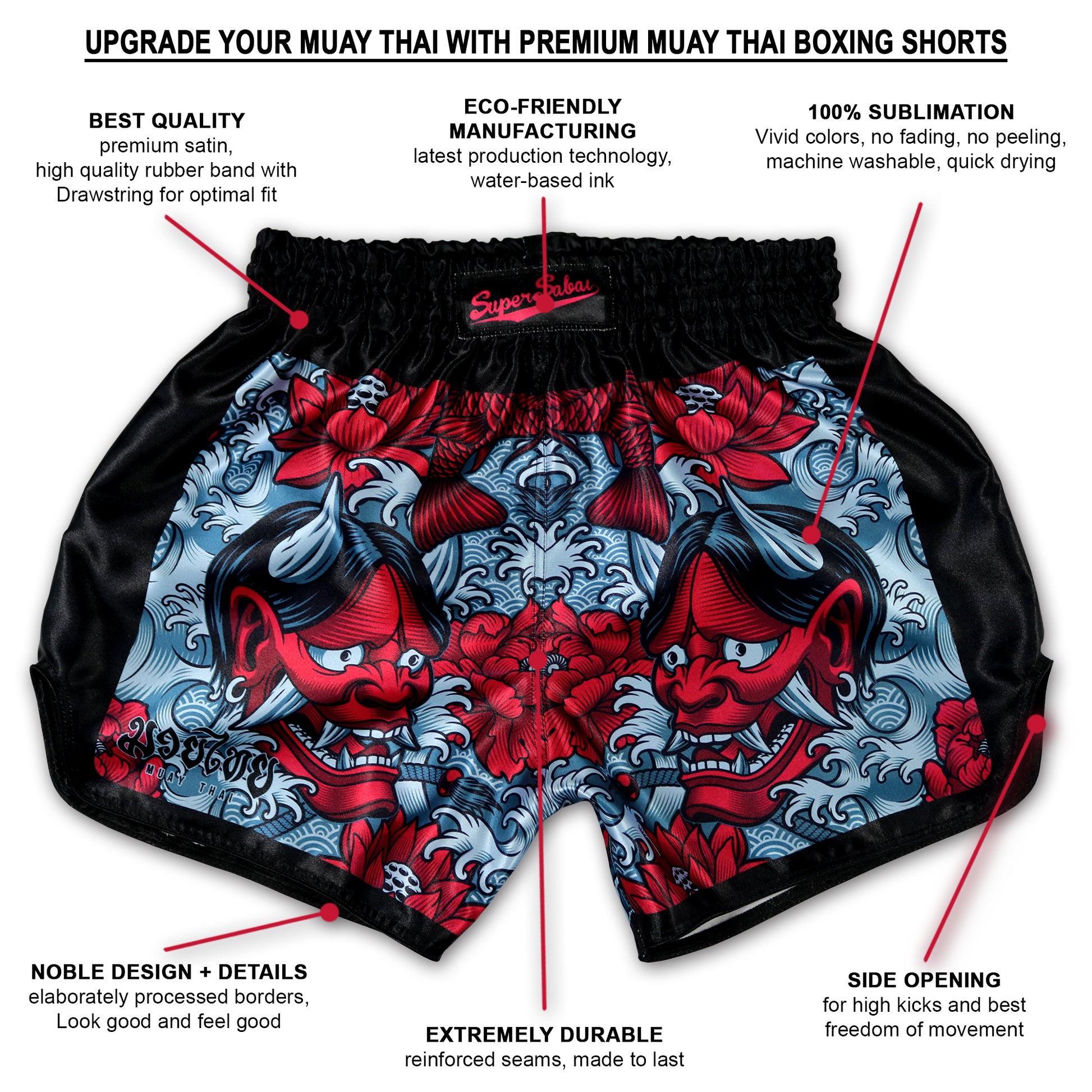 Devil's Koi Muay Thai Boxing Shorts with red Oni demon mask and koi fish design, highlighting features such as premium satin, eco-friendly manufacturing, 100% sublimation, noble design, extreme durability, and side opening for high kicks. Hand-made in Thailand.