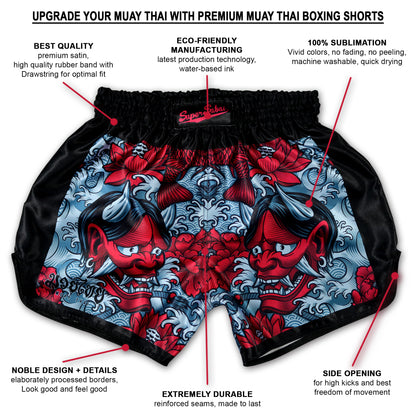 Devil's Koi Muay Thai Boxing Shorts with red Oni demon mask and koi fish design, highlighting features such as premium satin, eco-friendly manufacturing, 100% sublimation, noble design, extreme durability, and side opening for high kicks. Hand-made in Thailand.