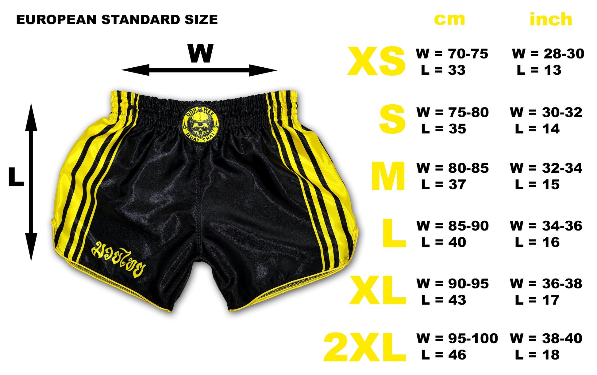 black and yellow muay thai shorts size chart