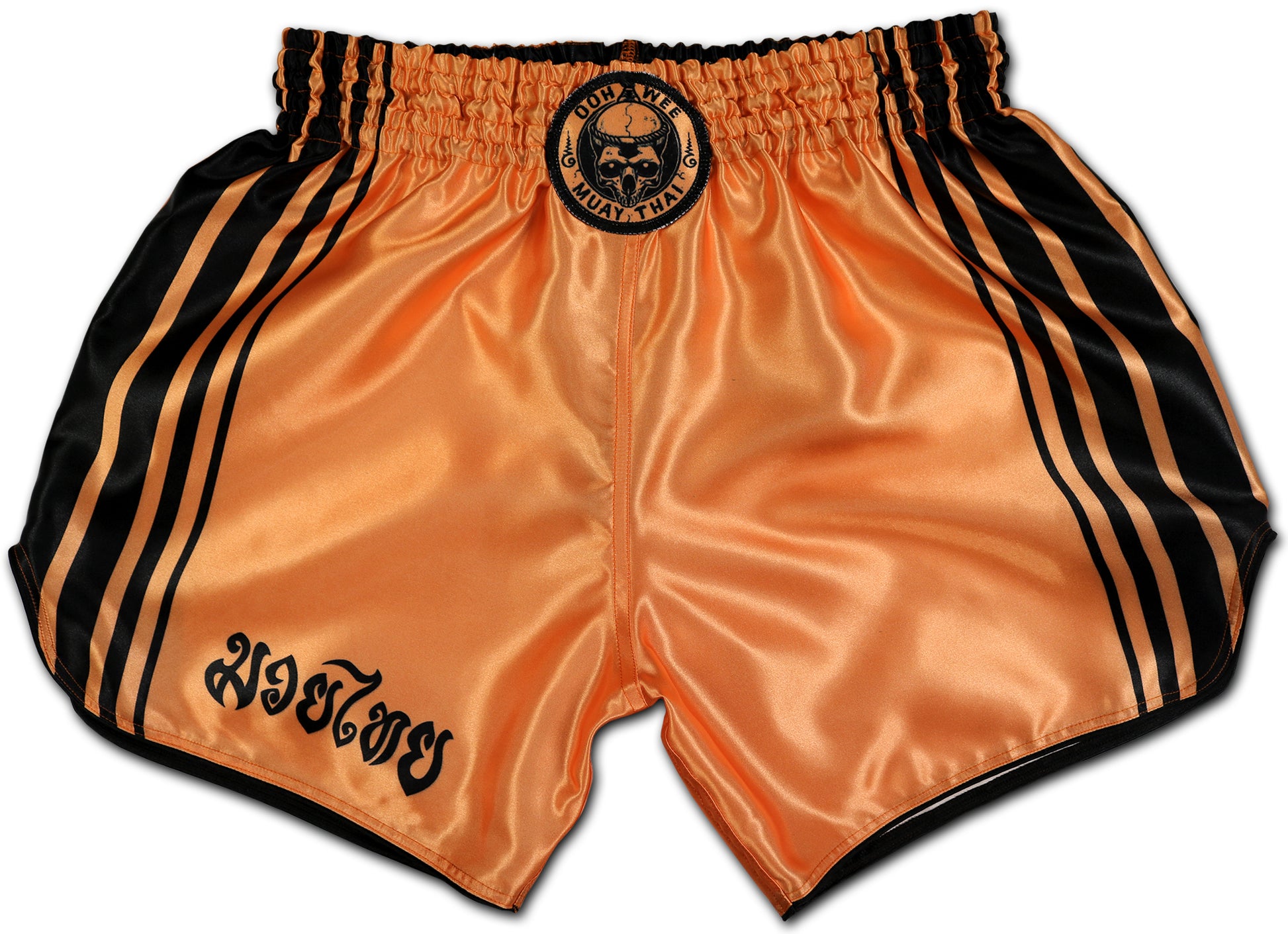 peach color muay thai boxing shorts with black stripes