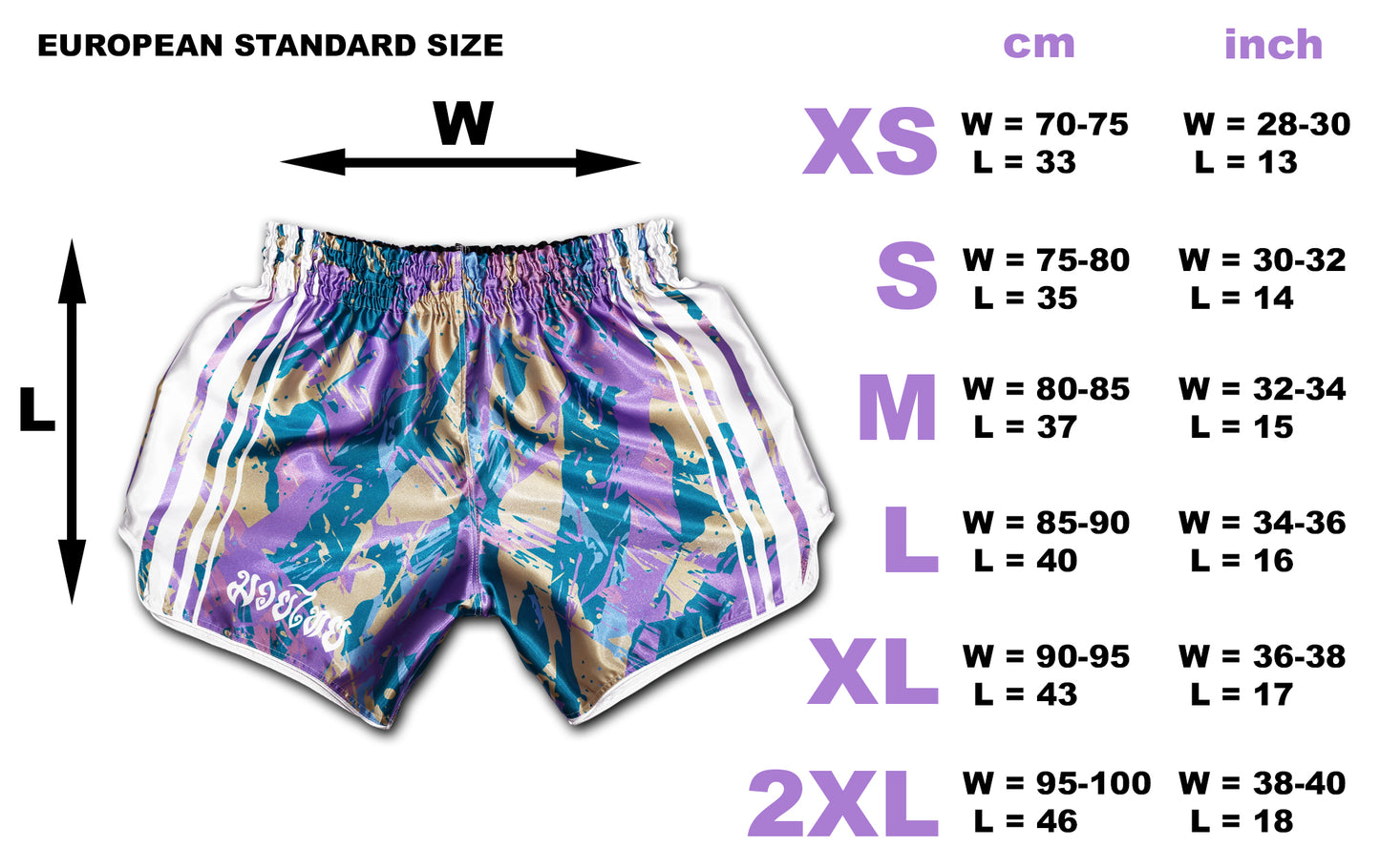 Premium Muay Thai shorts: Purple with 8 white stripes, Thai lettering. Unisex XS-2XL. Hand-crafted in Thailand.