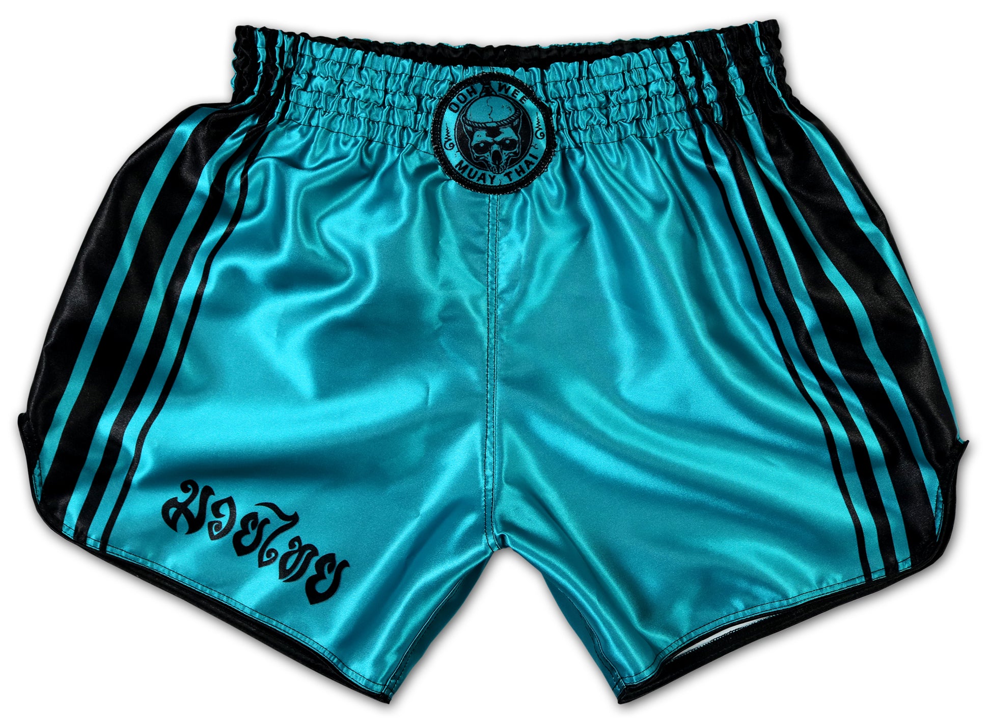 Turquoise Muay Thai shorts with 8 black side stripes on each side, an elastic waistband, a round logo with a skull and the inscription 'OOH-WEE Muay Thai' on the front, and Thai letters on the right leg