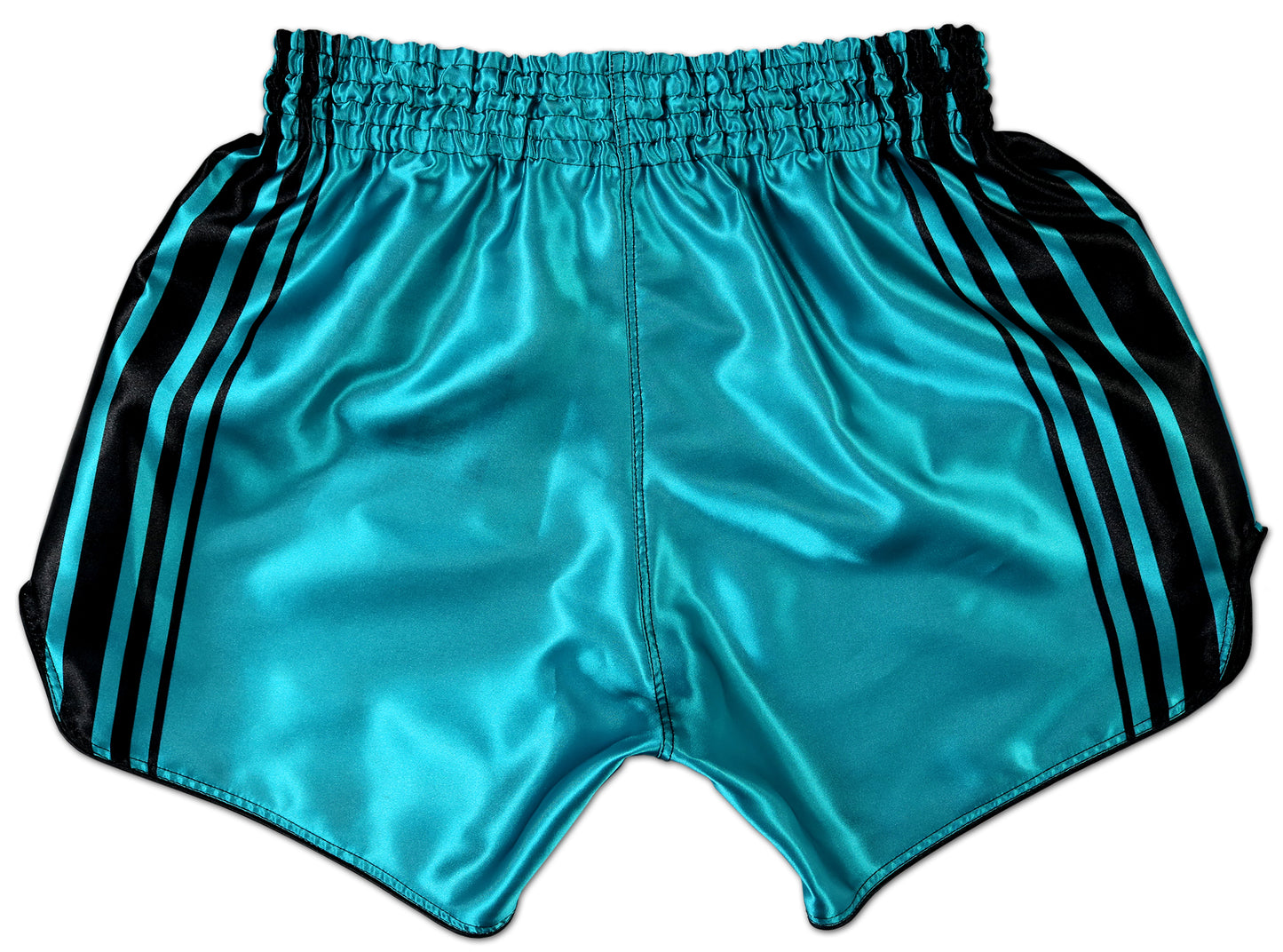 Back view of turquoise and black Muay Thai shorts with an elastic waistband and side stripes, designed for optimal performance in martial arts training.