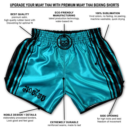 Turquoise Muay Thai shorts info grafic highlighting features: premium satin, eco-friendly, extreme durable, side opening, design details.