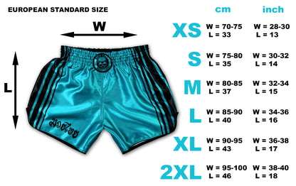 Size chart for turquoise Muay Thai shorts, European sizes, measurements in cm and inches, ranging from XS to 2XL