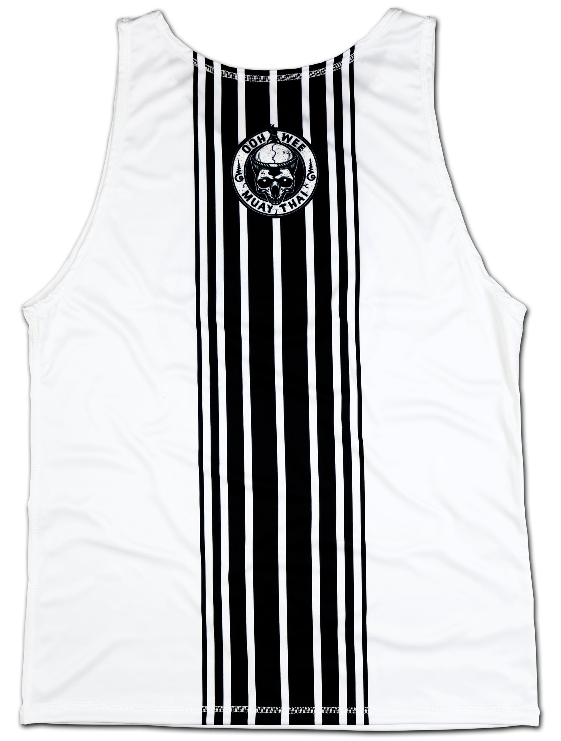 backside of a muay thai tank top with eight white stripes symbolizing the art of 8 limbs