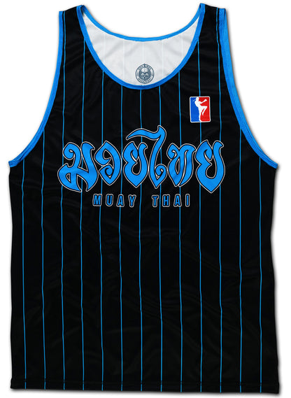 black muay thai tank top with blue stripes. on the front is a muay thai logo.