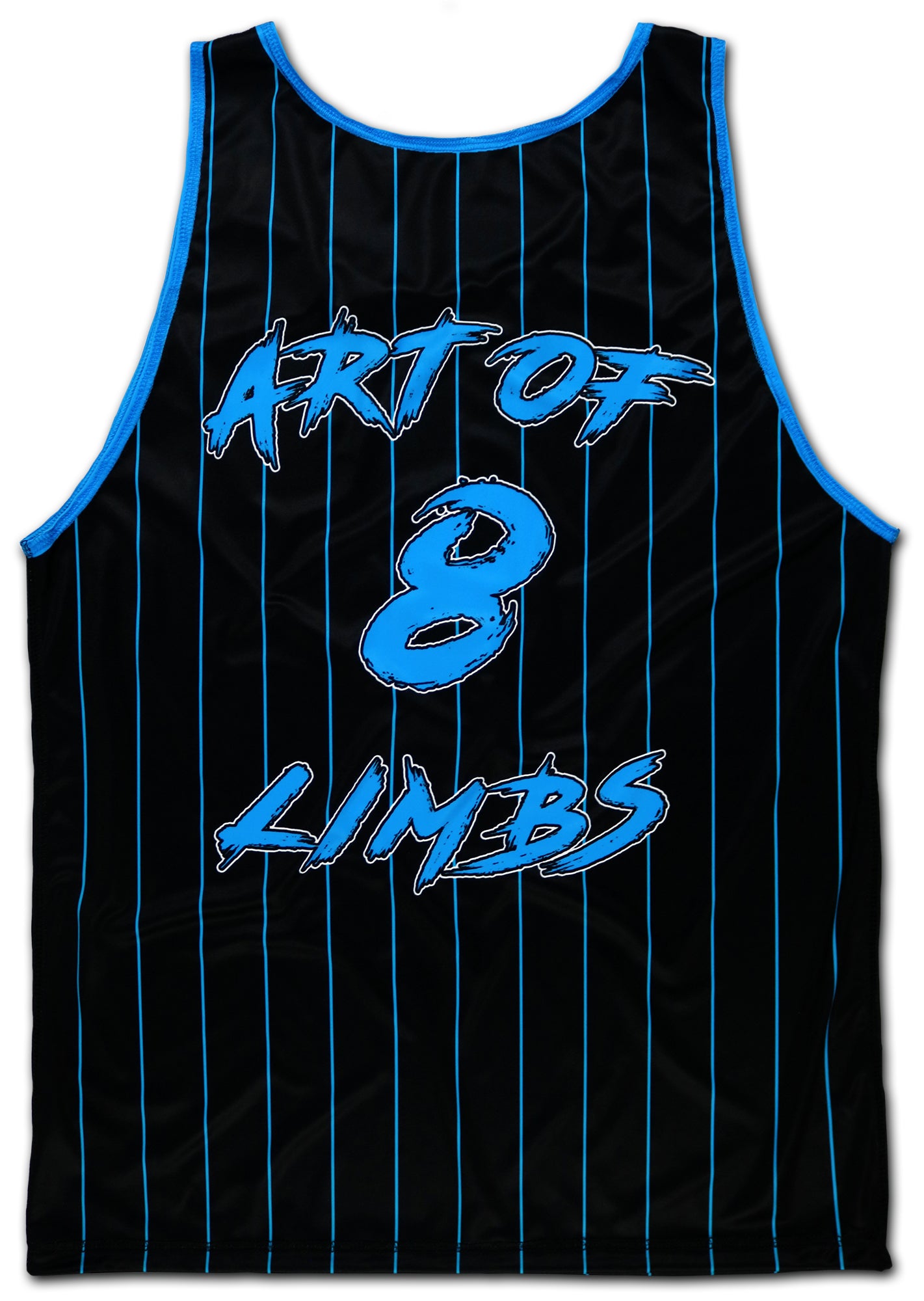 backside of a black muay thai muscle shirt with blue stripes and the letters art of 8 limbs