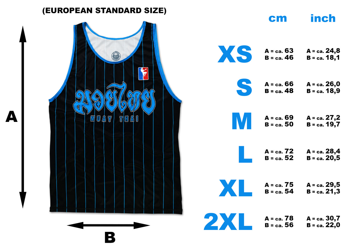 size chart for muay thai tank top with measurement in cm and inch for XS, S, M, L, XL and 2XL