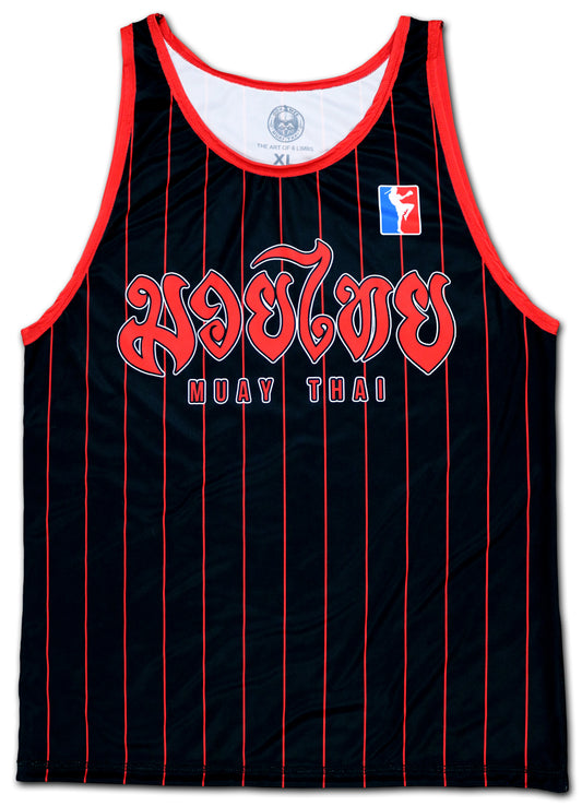 black muay thai tank top with red stripes