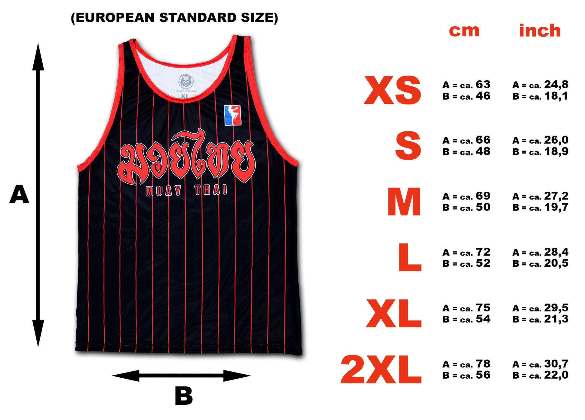 size chart of a black muay thai tank top with measurements in cm and inch available in XS, S, M, L, XL and 2XL