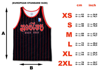 size chart of a black muay thai tank top with measurements in cm and inch available in XS, S, M, L, XL and 2XL