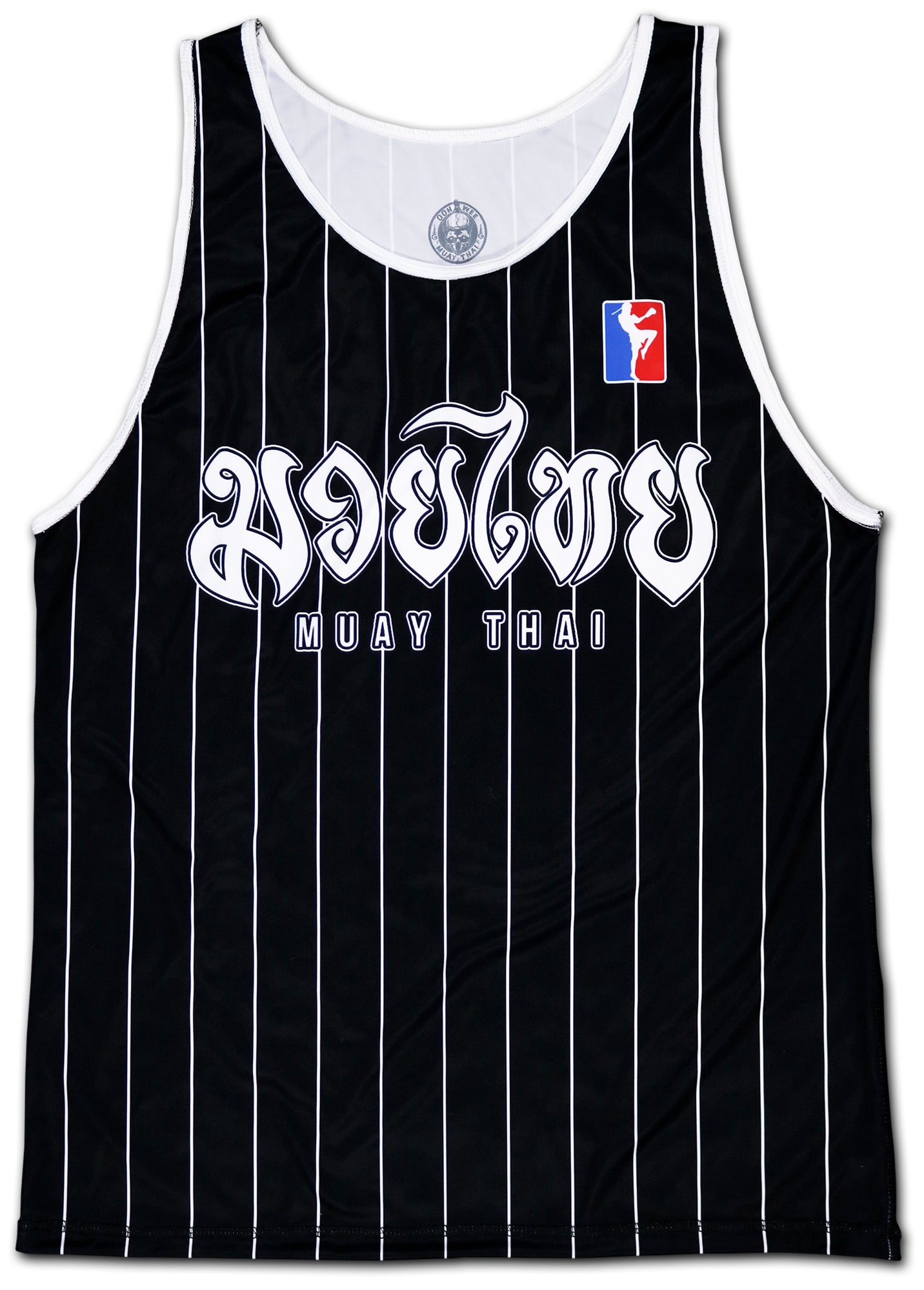 elegant black thai boxing tank top with white stripes. on the chest is a big muay thai lettering logo