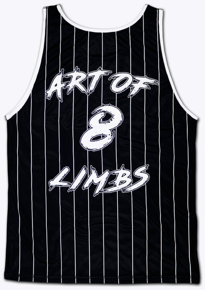 backside of the elegant thai boxing tank top. the color is black with white stripes. the big lettering logo features the art of 8 limbs