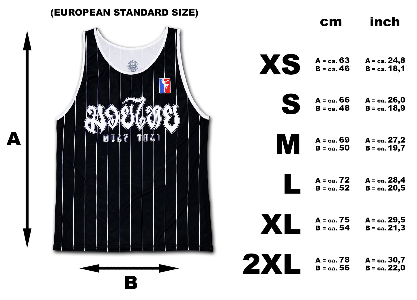 size chart for black muay thai boxing tank top showing cm and inches measurements