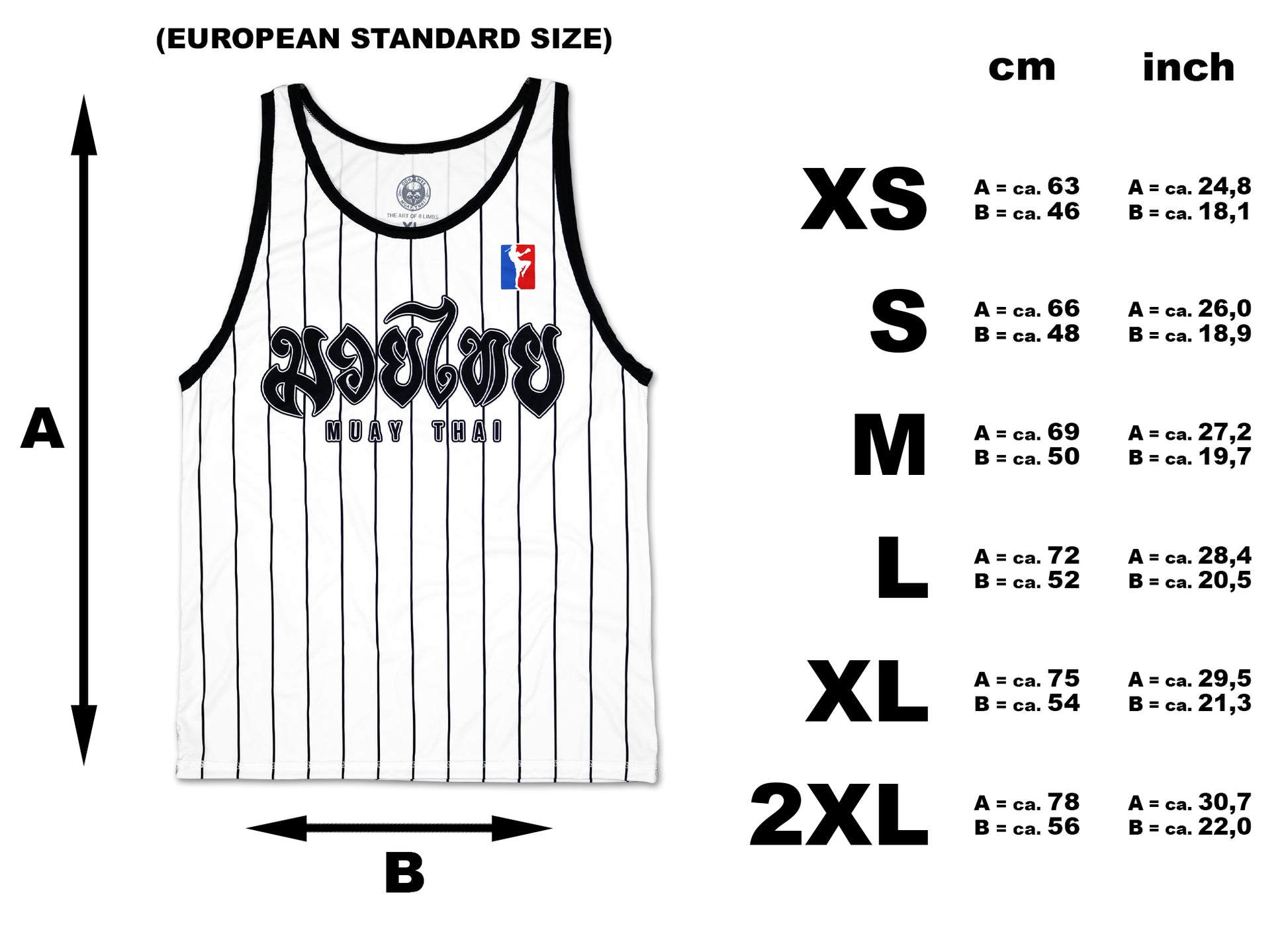 Size chart for the Muay Thai Warrior Stripes Tank range from XS to 2XL, with measurements in both centimeters and inches for length and width.