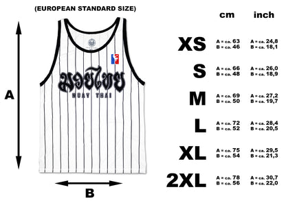 Size chart for the Muay Thai Warrior Stripes Tank range from XS to 2XL, with measurements in both centimeters and inches for length and width.