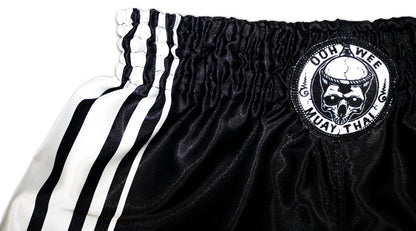 black boxing shorts with 8 white stripes for muay thai training by brand OOWEE