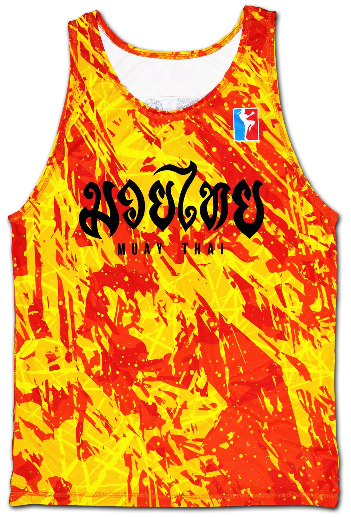 Brandnew LAVA Muay Thai tank top with a fiery red and yellow design, featuring bold black 'Muay Thai' text on the front.