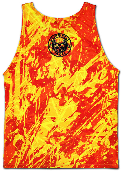 Back view of the brand new LAVA Muay Thai tank top with a fiery red and yellow design, featuring a circular black OOWEE Muay Thai logo at the upper center