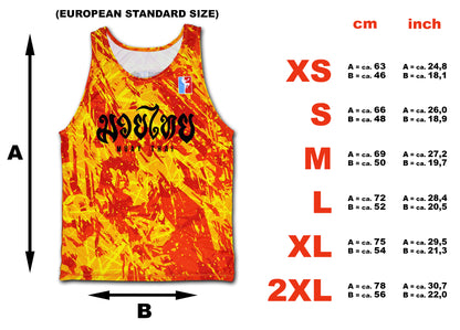 Size chart for the brand new LAVA Muay Thai tank top, showing measurements in centimeters and inches for sizes XS, S, M, L, XL, and 2XL.