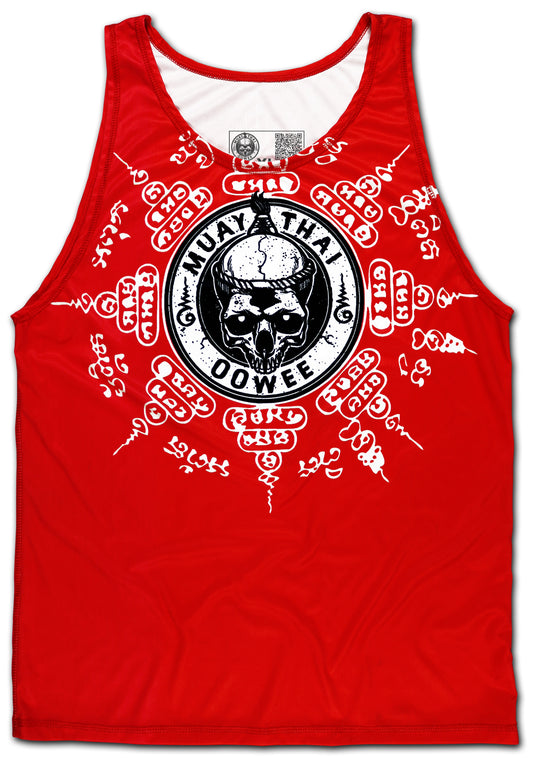 Red Muay Thai tank top featuring a white and black graphic design of a skull, surrounded by the traditional Sak Yant Tattoo Paed Tidt, which protects you from danger and fatal accidents.