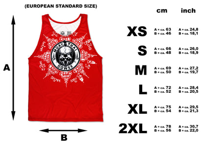 Size chart for the red Muay Thai tank top with the Sak Yant design. The chart shows the tank top with dimensions labeled A (length) and B (width) in cm and inch. Sizes available are XS, S, M, L, XL and 2XL.