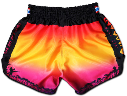 Backside of a tropical Muay Thai Boxing Shorts. The vibrant colors look like a sunset. 