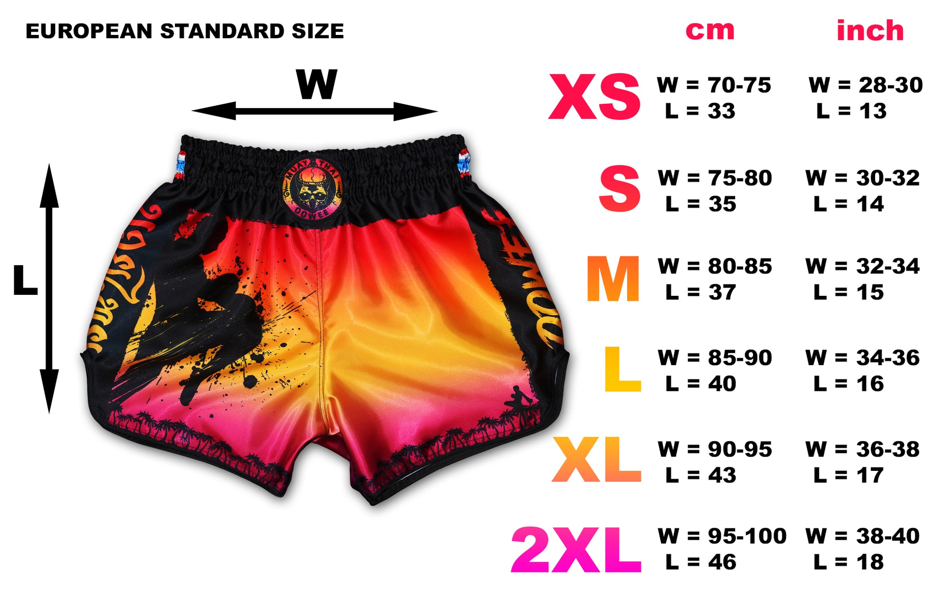 size chart of a muay thai boxing shorts with measurements in cm and inches