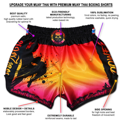 a beautiful Muay Thai shorts in the colors of a tropical sunset. 2 Thai flags on the hips and little palms around the legs.