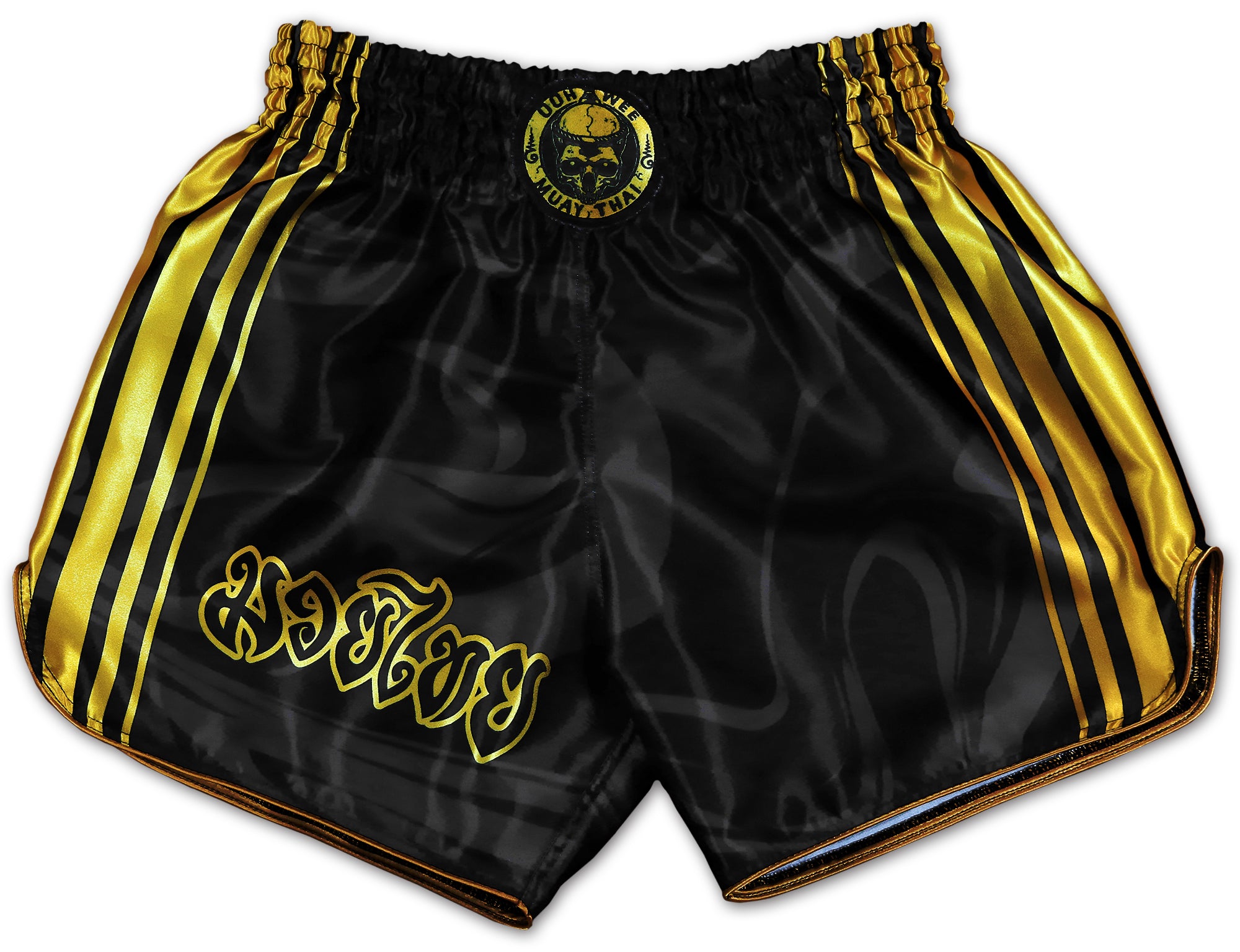 Muay Thai Boxing Shorts for Adult - Black and Gold selling Elephant with Thai Stripe